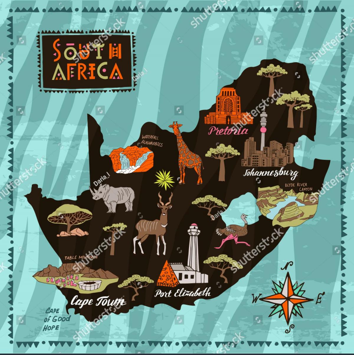 Mappa delle attrazioni turistiche del Sudafrica