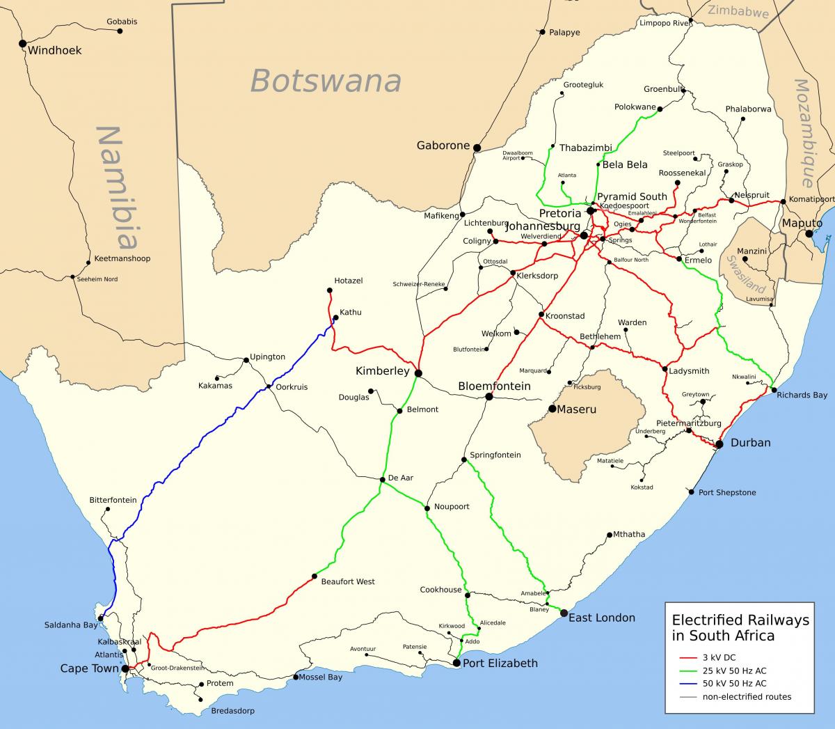 Mappa delle linee ferroviarie del Sudafrica